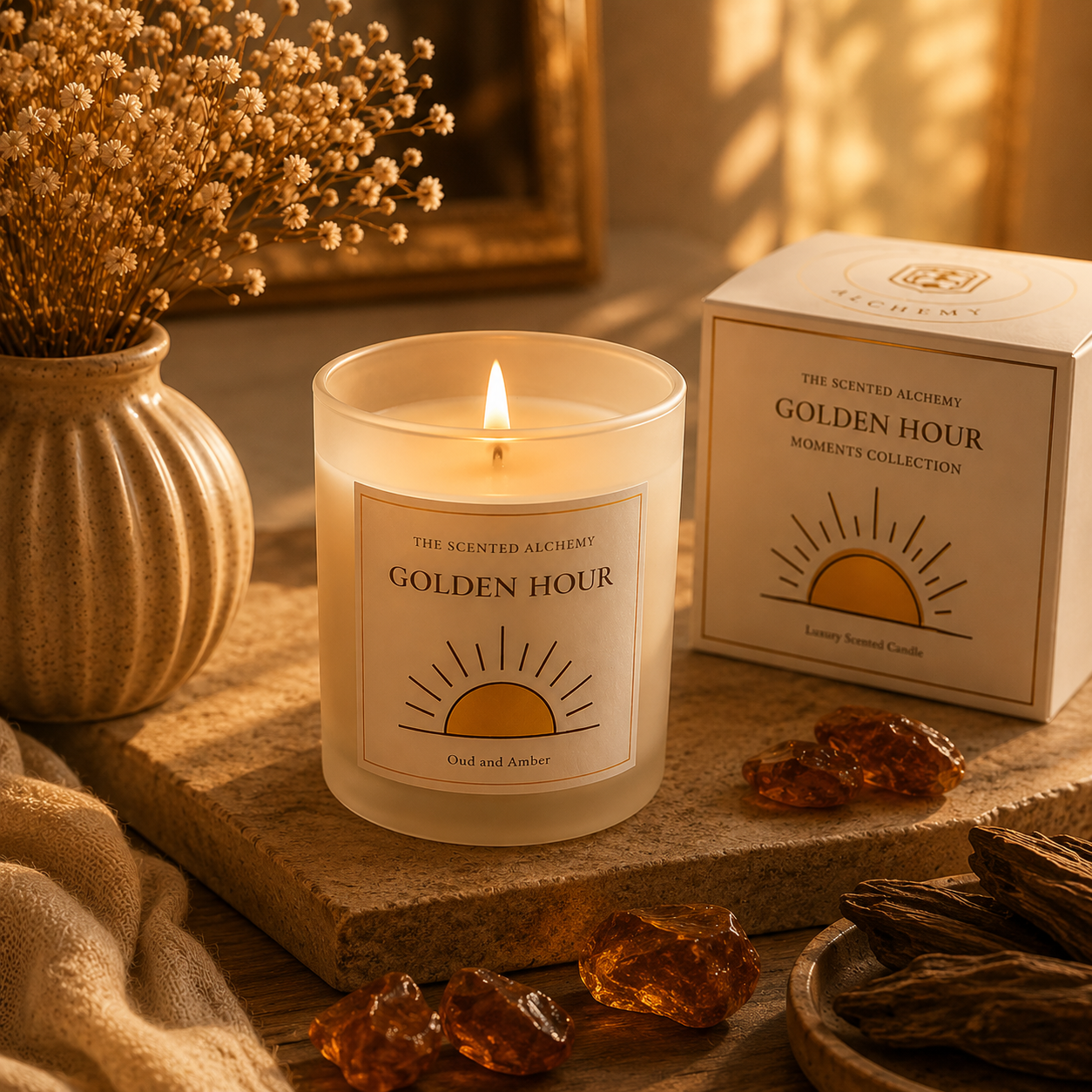 Golden Hour | Oud & Amber Scented Candle | 200g | 40+ Hours Burn Time