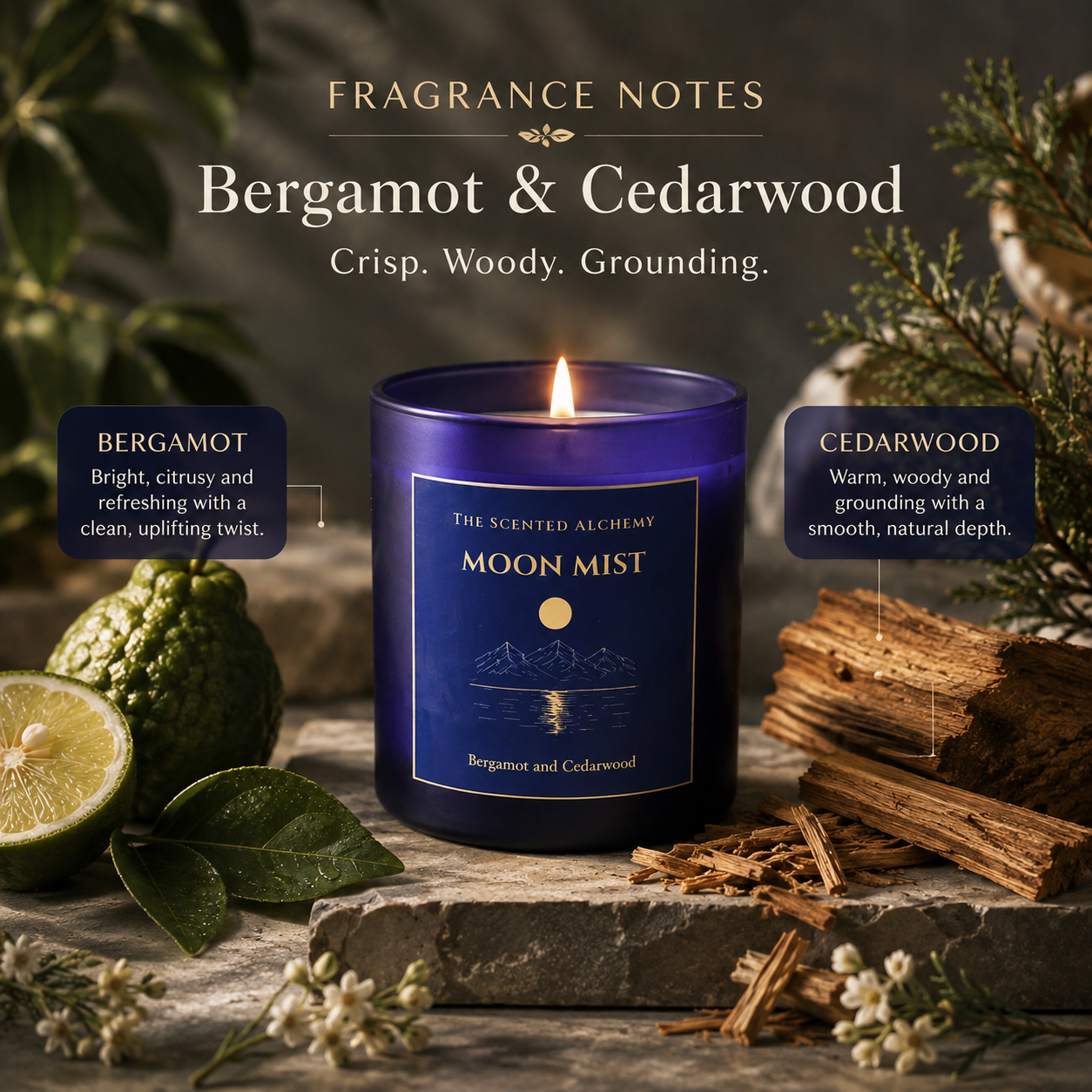 Moon Mist | Bergamot & Cedarwood Scented Candle | 200g | 40+ Hours Burn Time