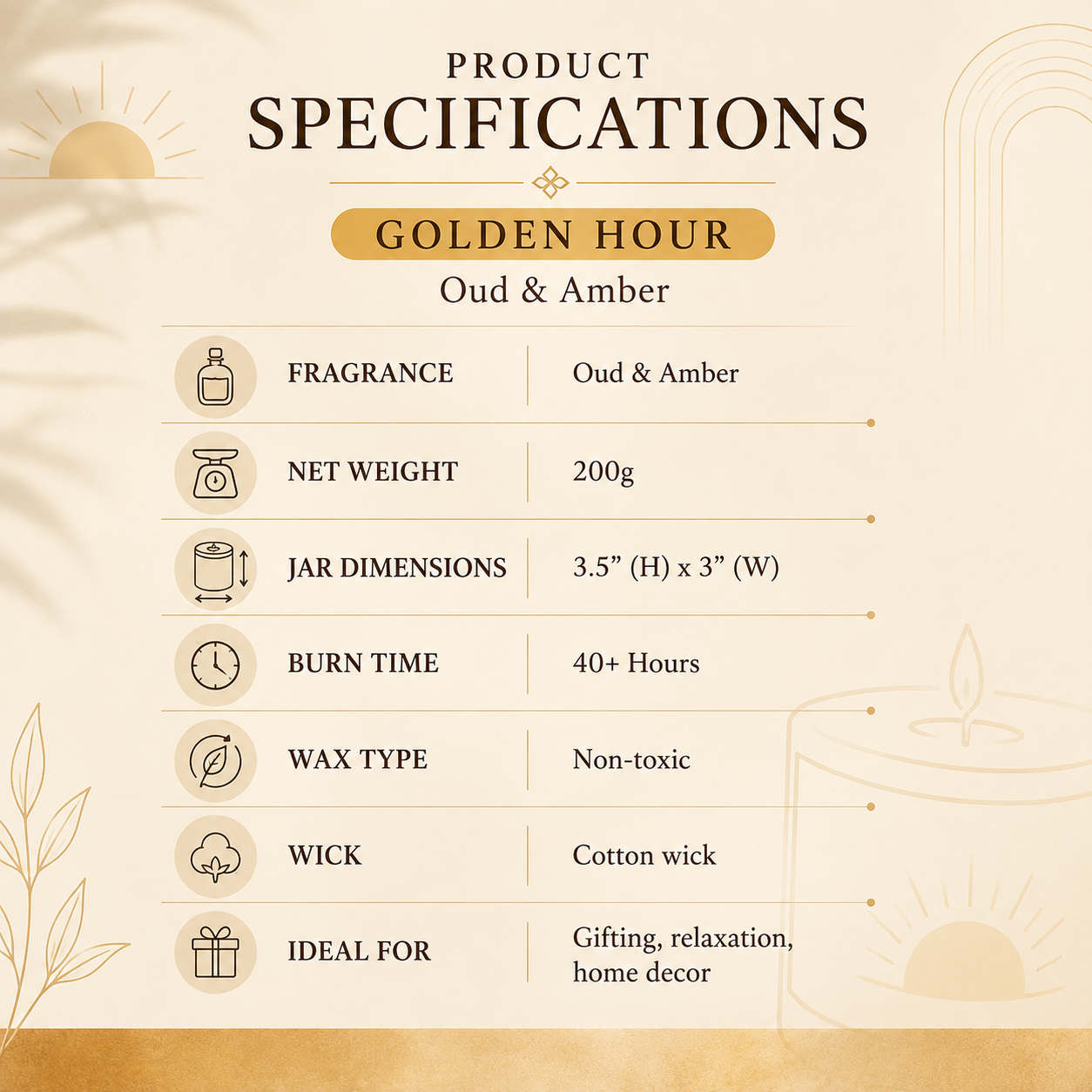Golden Hour | Oud & Amber Scented Candle | 200g | 40+ Hours Burn Time