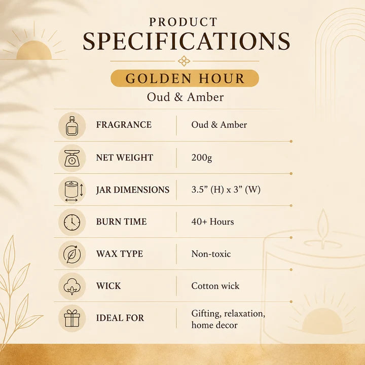 Golden Hour | Oud & Amber | Scented Candle | 200g | 40+ Hours Burn Time