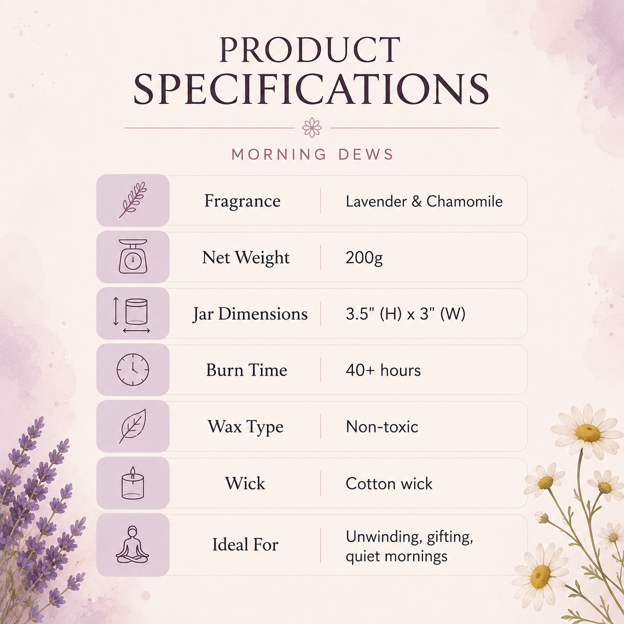 Morning Dews | Lavender & Chamomile Scented Candle | 200g | 40+ Hours Burn Time