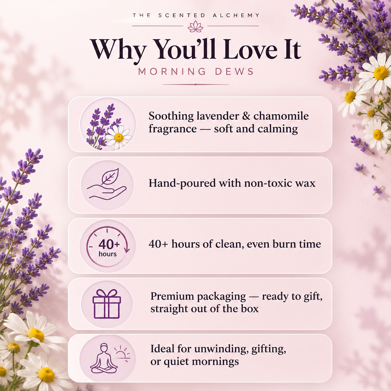 Morning Dews | Lavender & Chamomile Scented Candle | 200g | 40+ Hours Burn Time